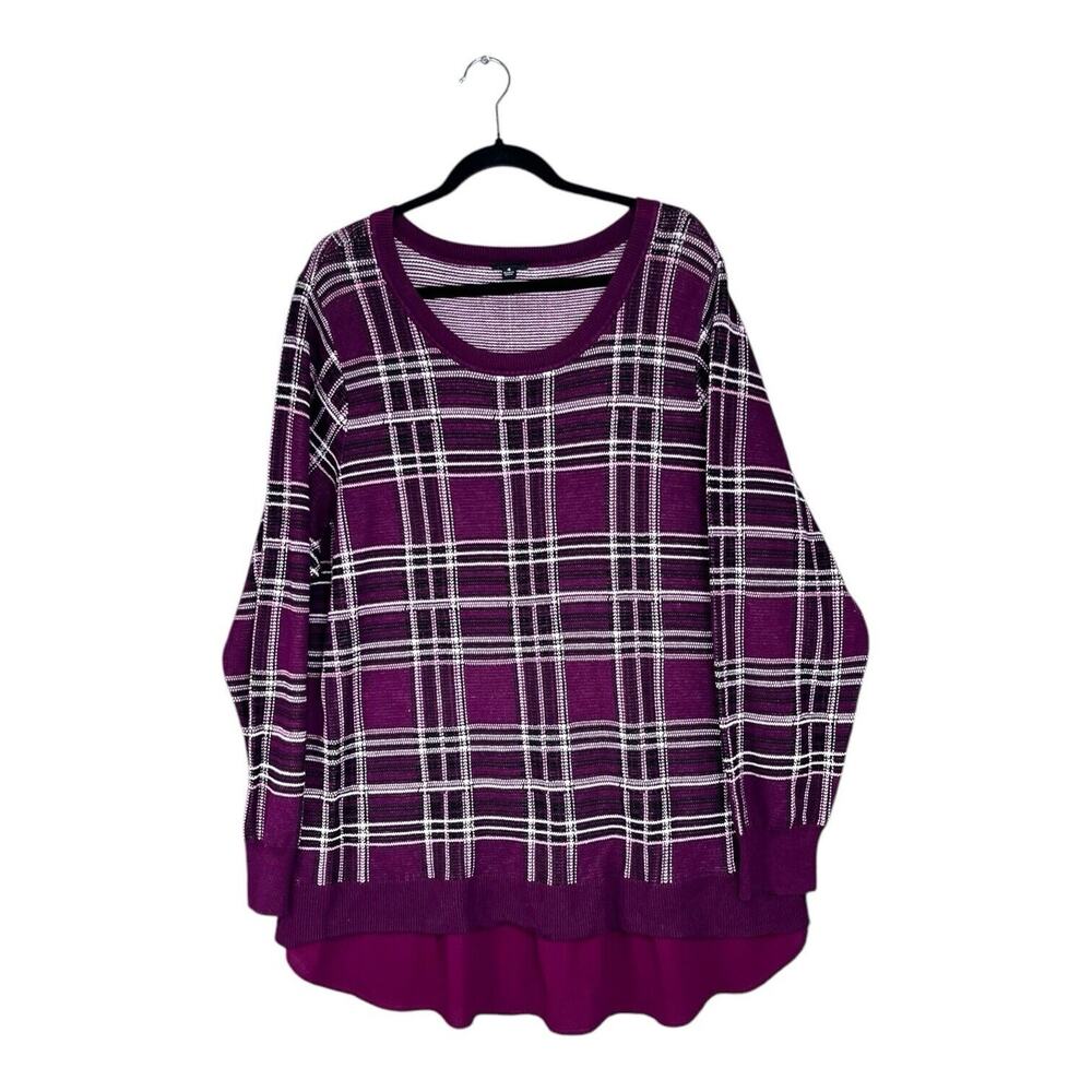 Dark Academia Womens Long Sleeve Purple Plaid‎ Cotton Sweater Pullover Sz 4X EUC